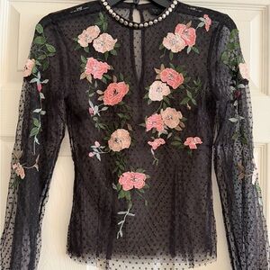 Topshop Black Sheer Blouse with Floral Embroidery